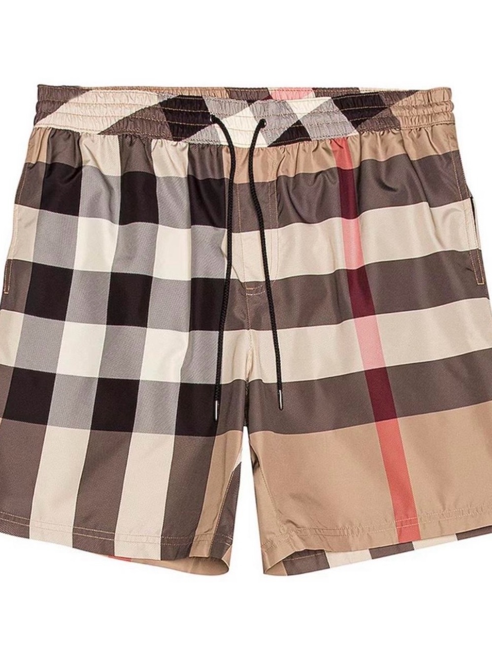 Burberry Men's Plaid Swim Trunks in Brown, Beige and Red Stripe